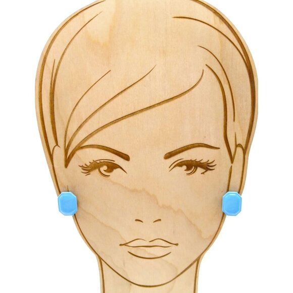 Sky Blue Enamel Vintage Earrings, Beveled Rectangle Studs - Picture 3 of 4